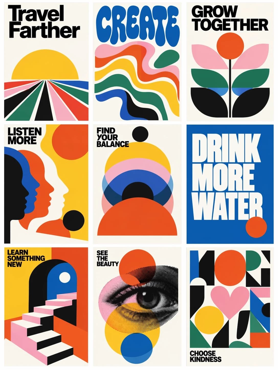 Official OpenAI Images 2.5 example with nine colorful geometric posters and large typographic headlines
