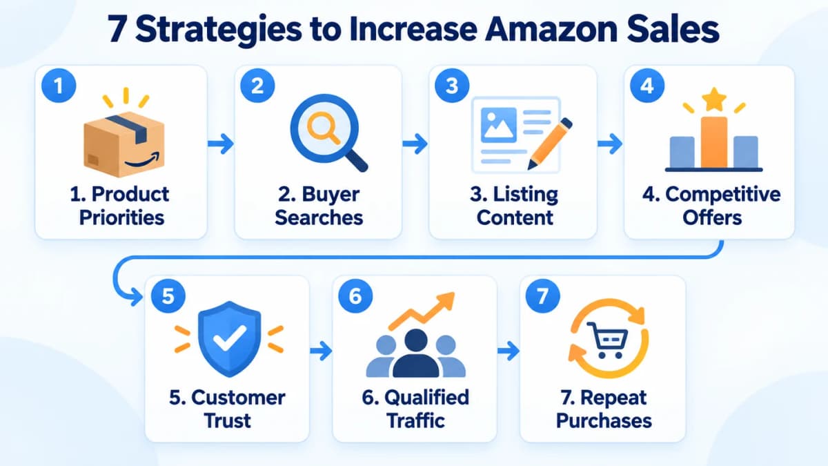 Seven Amazon sales strategies linking product priorities, search, content, offers, trust, traffic, and repeat purchases