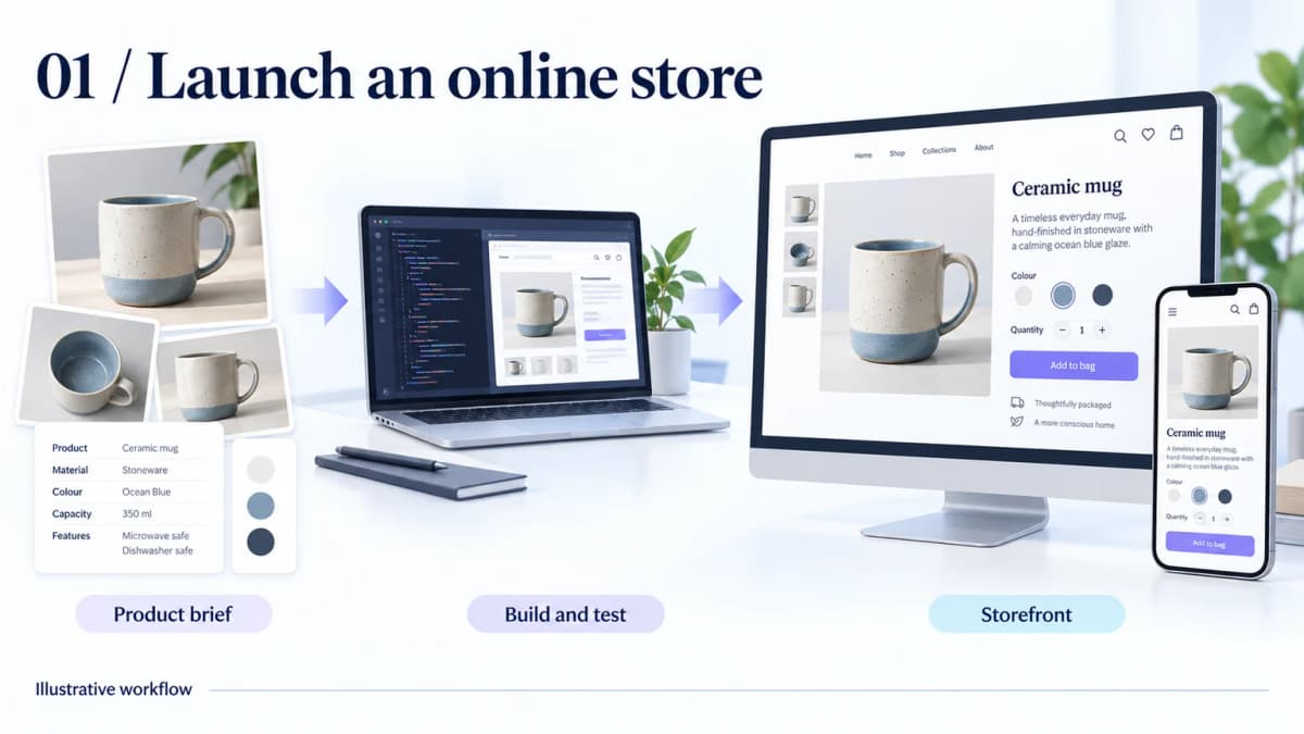 Illustrative GPT-6 Astra store workflow from product photos and a brief to desktop and mobile storefronts