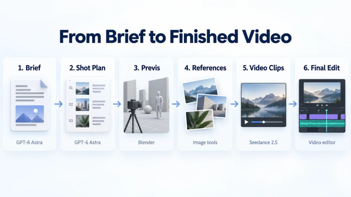 GPT-6 video workflow showing the brief, shot plan, Blender previs, references, Seedance clips, and final edit