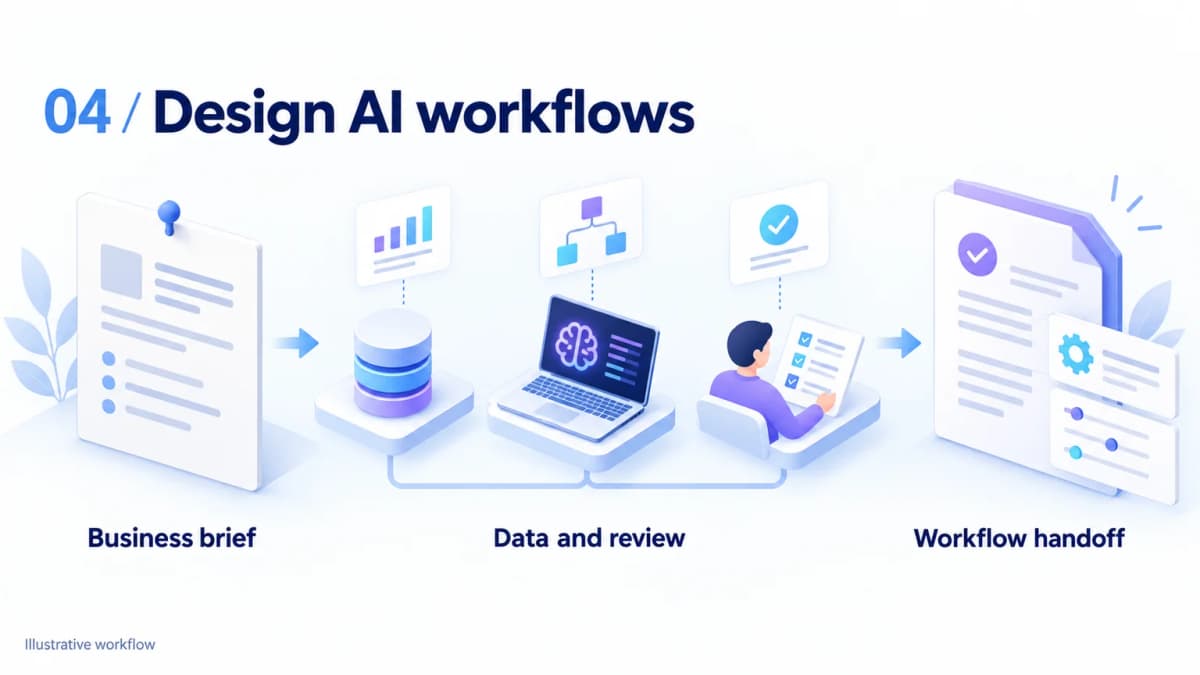 Illustrative AI consulting workflow linking a business brief to data access, human review, and a documented handoff