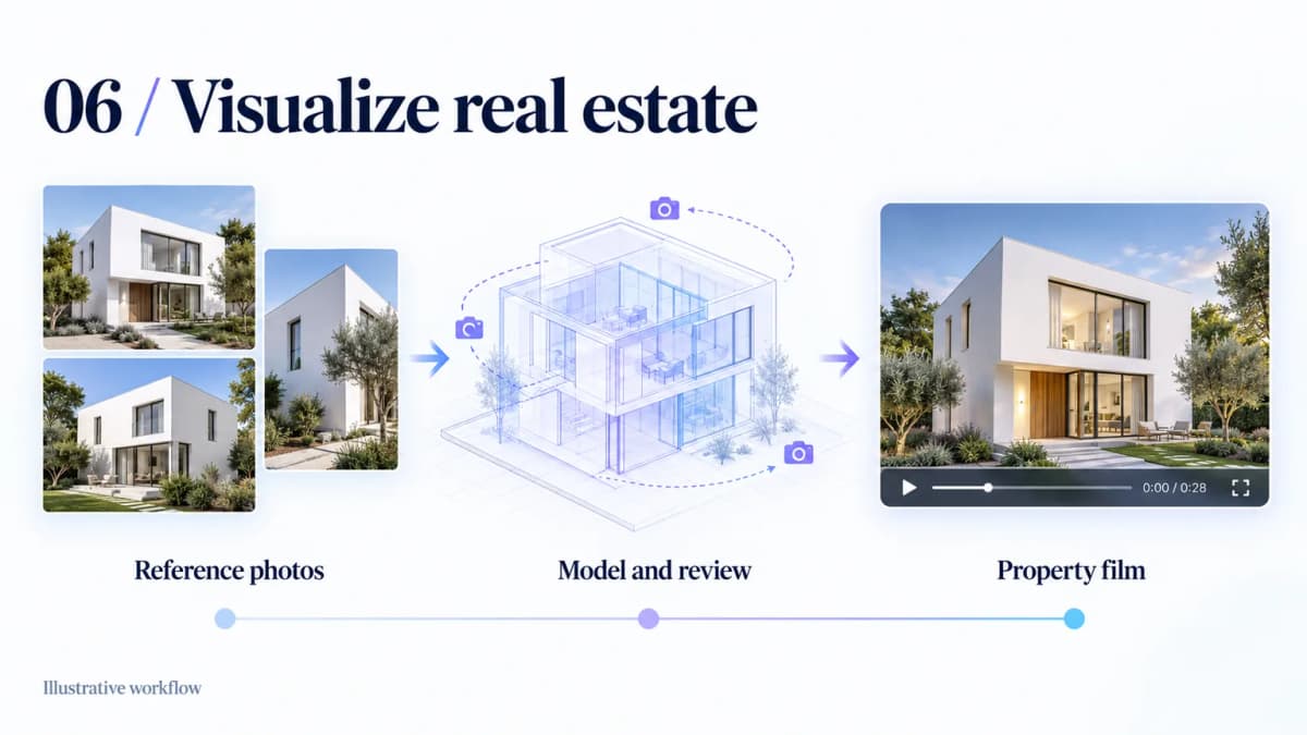 Illustrative property visualization workflow from reference house photos through a reviewed 3D model to a film