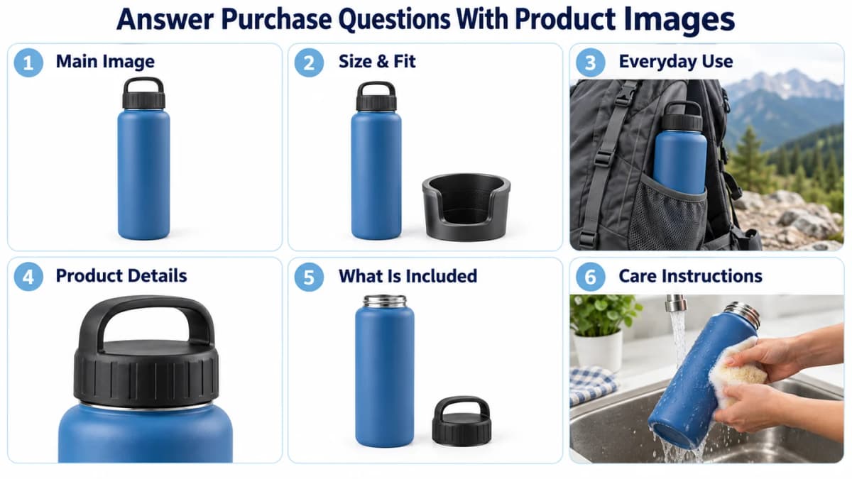 Six product image roles showing a blue bottle, size and fit, everyday use, details, included parts, and care instructions