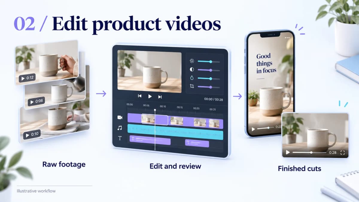 Illustrative video editing workflow showing raw product footage, an editable timeline, and finished video formats