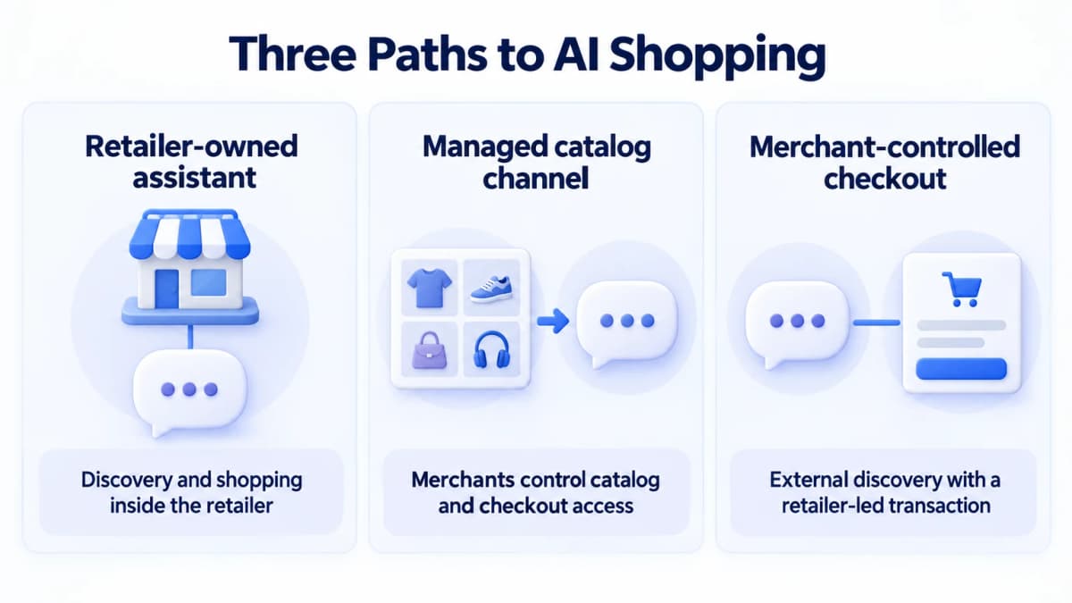 Three approaches to AI shopping: retailer-owned assistants, managed catalog channels, and merchant-controlled checkout