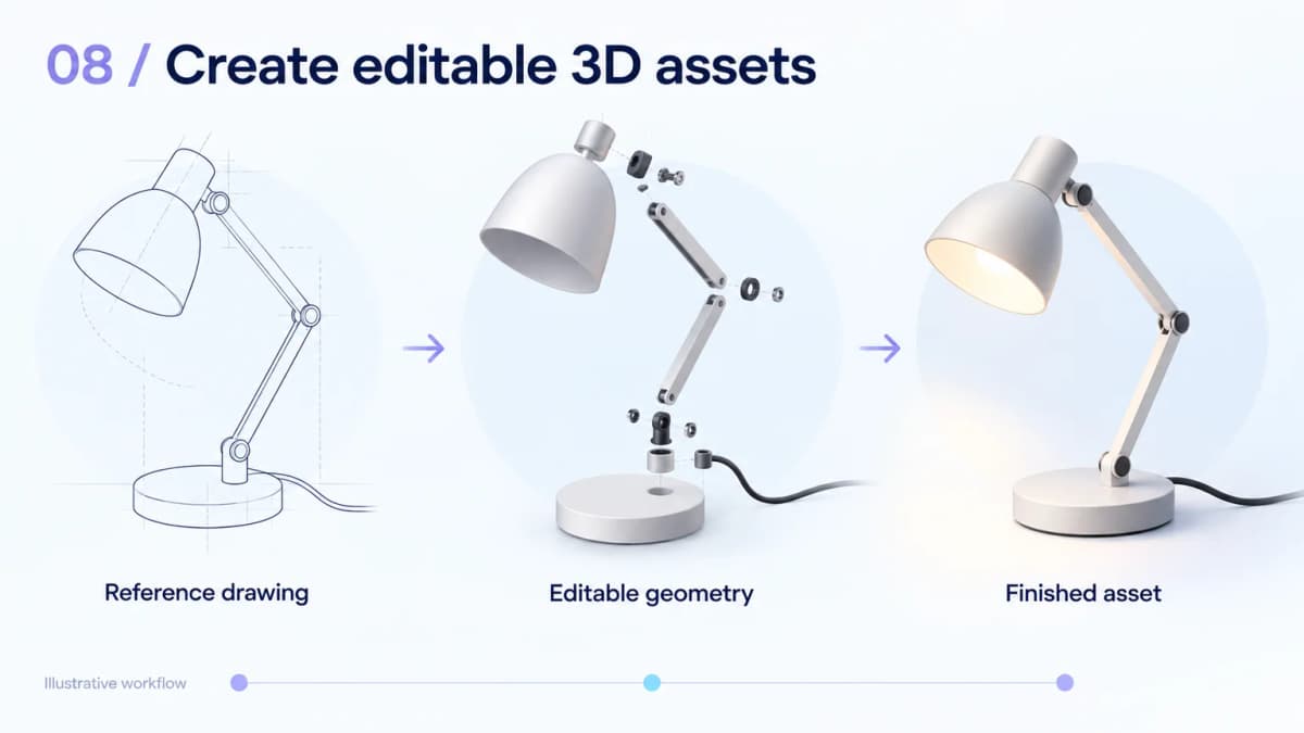 Illustrative 3D asset workflow transforming a desk-lamp drawing into editable components and a finished render