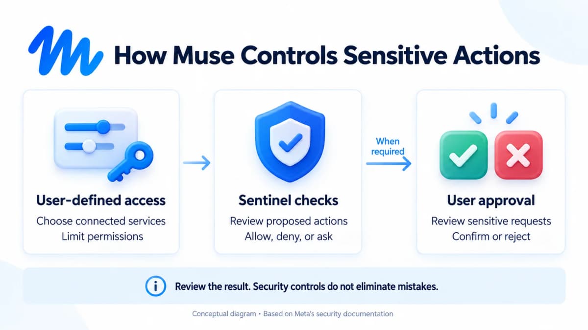 Conceptual Muse permissions diagram showing user-defined access, Sentinel checks, and user approval when required