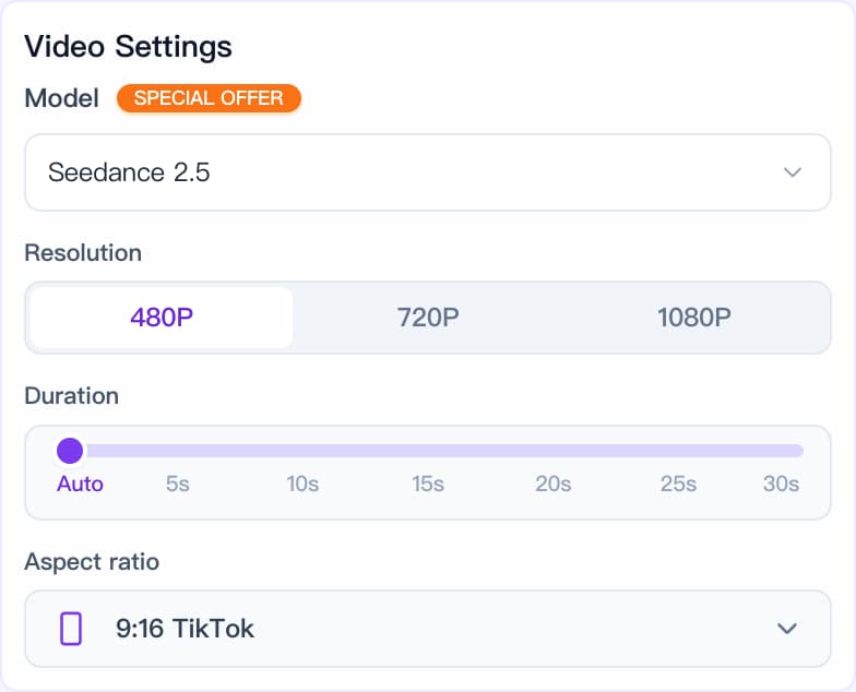 Nexscope Video Clone settings for Seedance 2.5, resolution, duration, and 9:16 format
