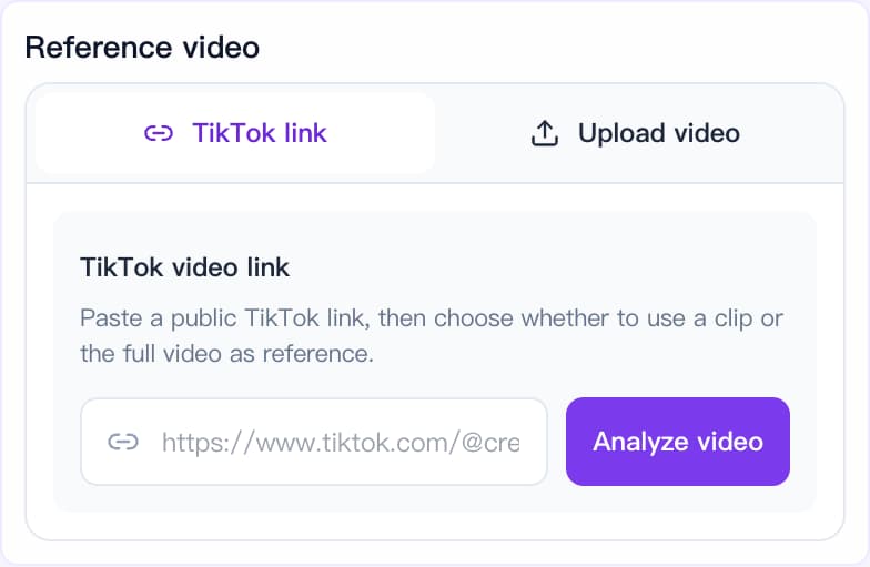 Nexscope Video Clone screen for adding and analyzing a TikTok reference link