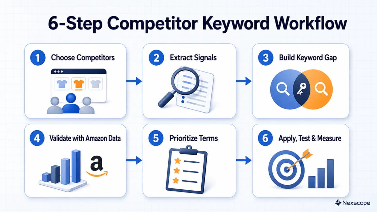 Six-step Amazon competitor keyword workflow from competitor selection to measurement