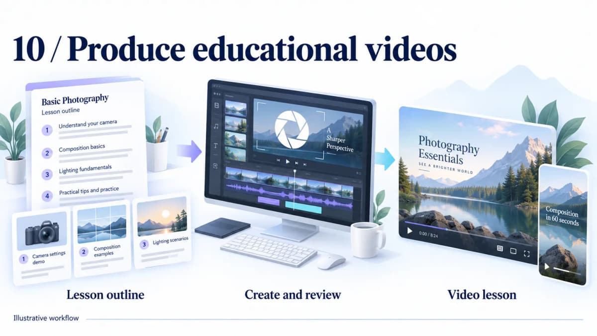 Illustrative educational video workflow from a lesson outline and storyboard to a reviewed video and short excerpt