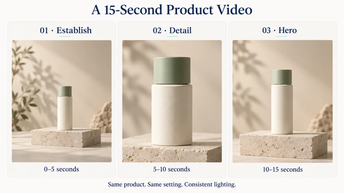 Seedance 2.5 product video storyboard with establishing, detail, and hero shots across a 15-second sequence