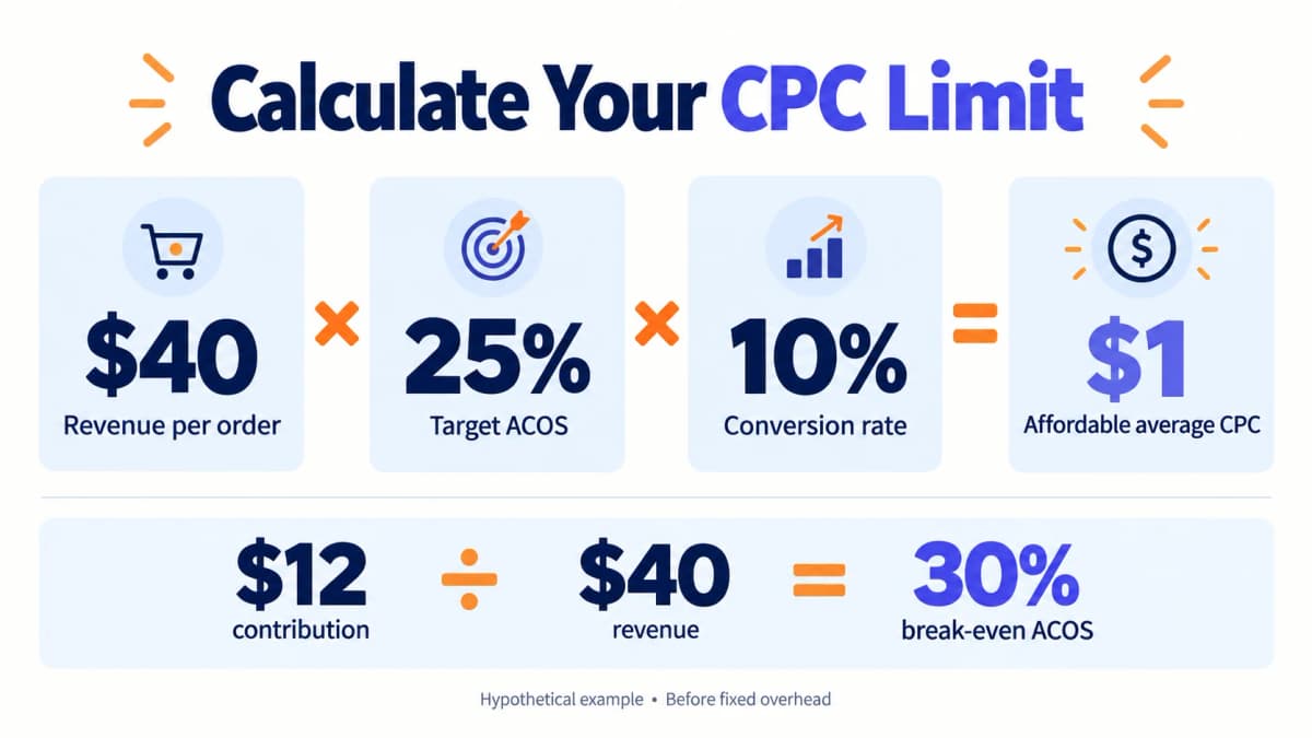 Amazon PPC cost example showing a 30% break-even ACOS and a one-dollar affordable average CPC.