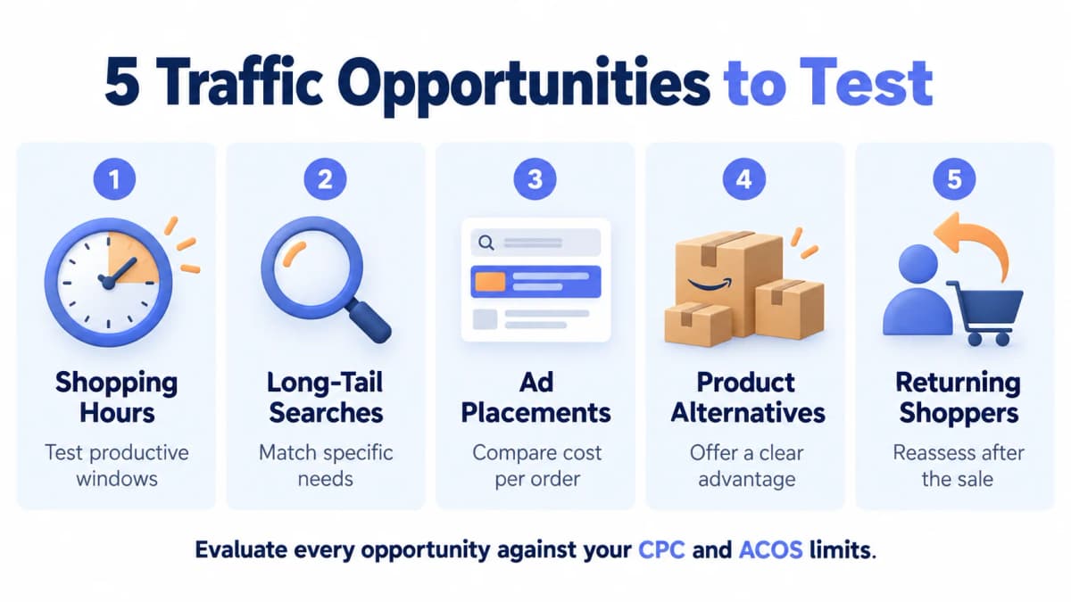 Five Amazon PPC opportunities across shopping hours, search terms, placements, products, and remarketing.