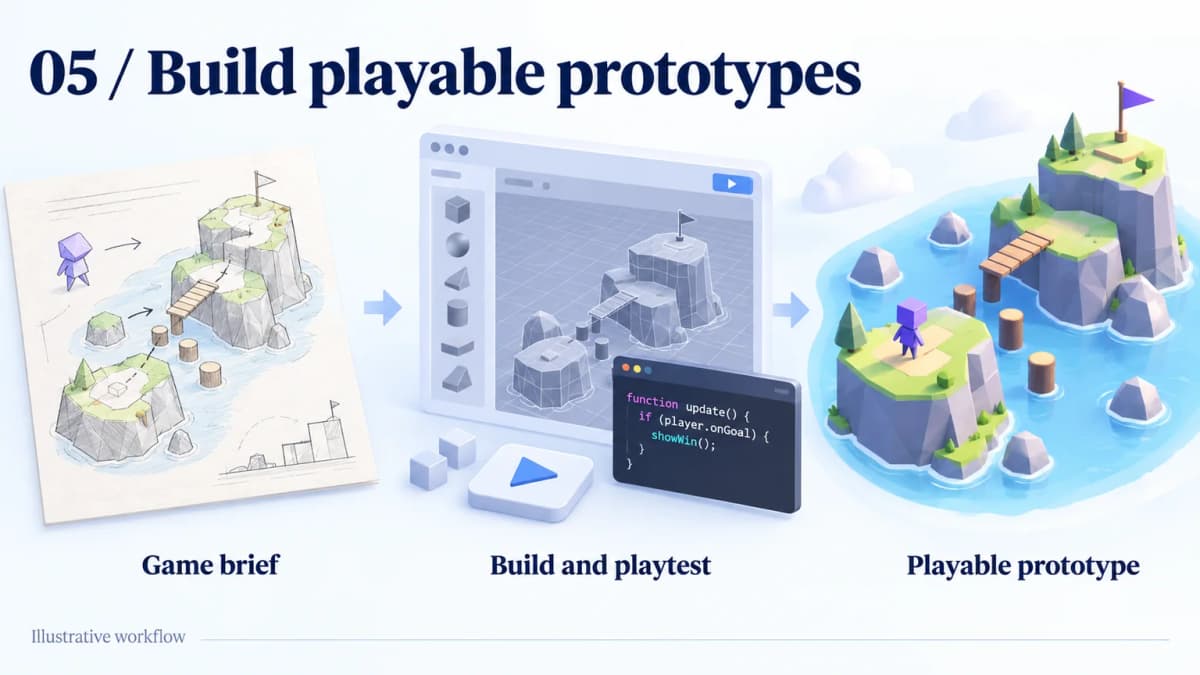 Illustrative game development workflow from an original island-level sketch to a playable low-poly prototype