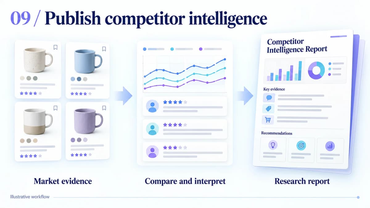 Illustrative competitor intelligence workflow from market evidence and comparisons to a research report with actions