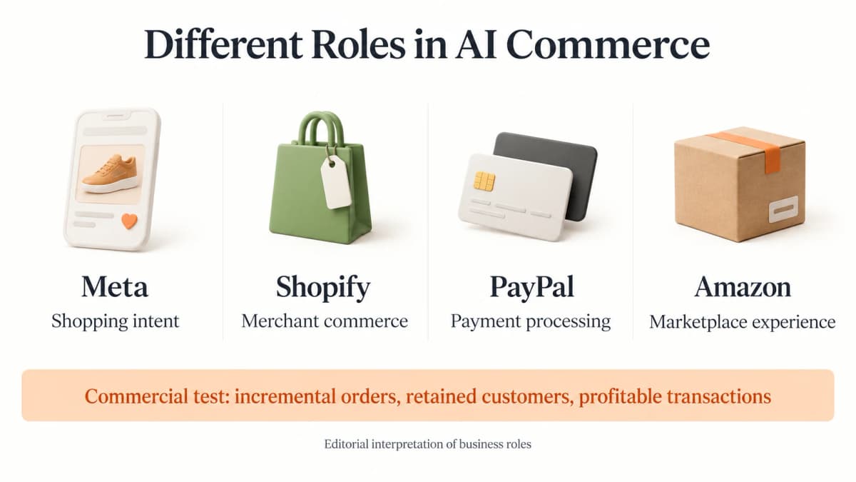 Editorial comparison of Meta’s shopping-intent role, Shopify’s merchant-commerce role, PayPal’s payment role, and Amazon’s marketplace role