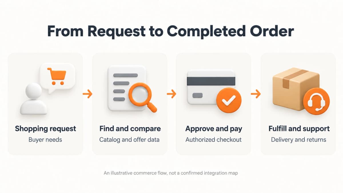 Illustrative flow from shopping request through product comparison and authorized checkout to fulfillment and support