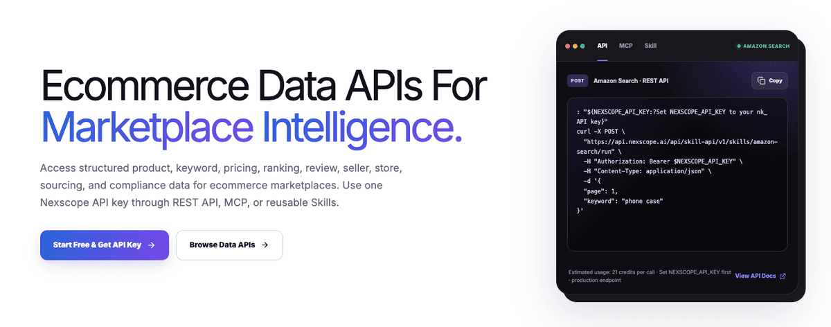 Nexscope Ecommerce Data APIs page showing marketplace data access through REST API and MCP