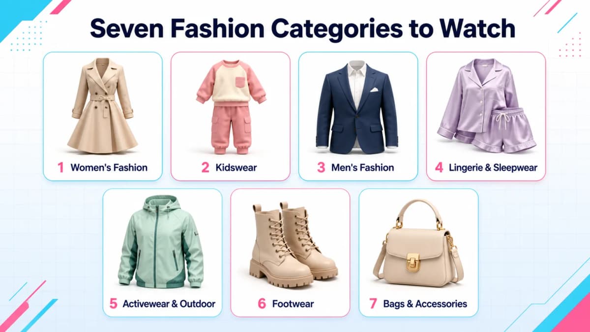 Seven TikTok Shop fashion categories including womenswear, kidswear, menswear, sleepwear, activewear, footwear, and bags