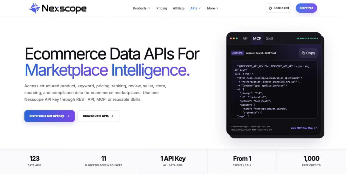 Nexscope Ecommerce Data APIs page showing an MCP tool call and MCP Tool Map access