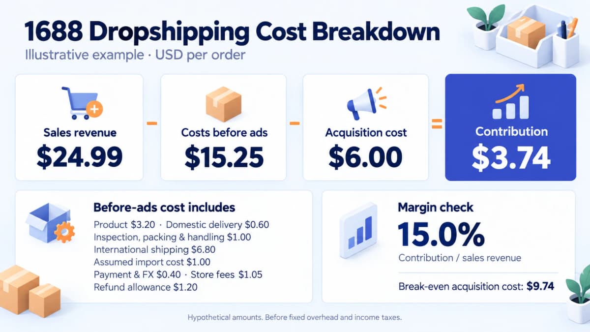 1688 dropshipping cost example showing revenue, operating costs, acquisition cost, and contribution