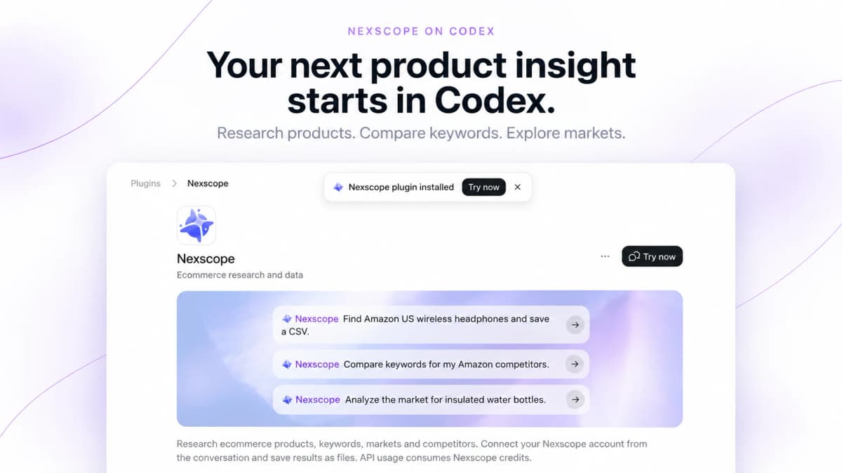 Nexscope Codex plugin detail graphic showing installation confirmation and three ecommerce research prompts