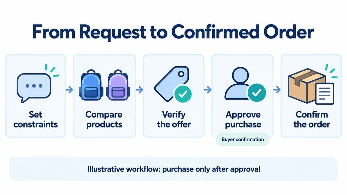 Agentic commerce workflow from buying constraints through product comparison, approval, and order confirmation