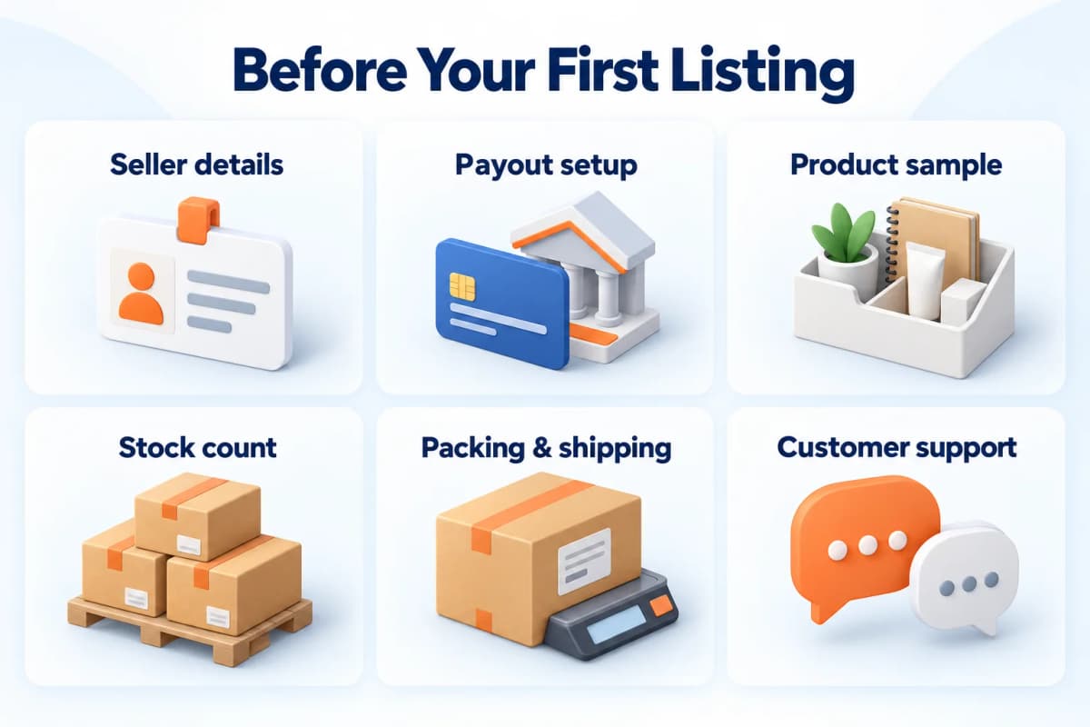 Six preparations for a Shopee shop: seller details, payouts, samples, stock, shipping, and support.