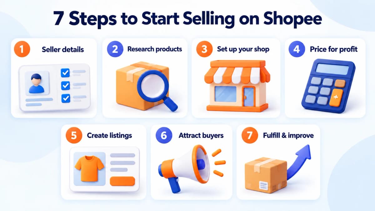 Seven steps for selling on Shopee, from seller preparation and product research to fulfillment.