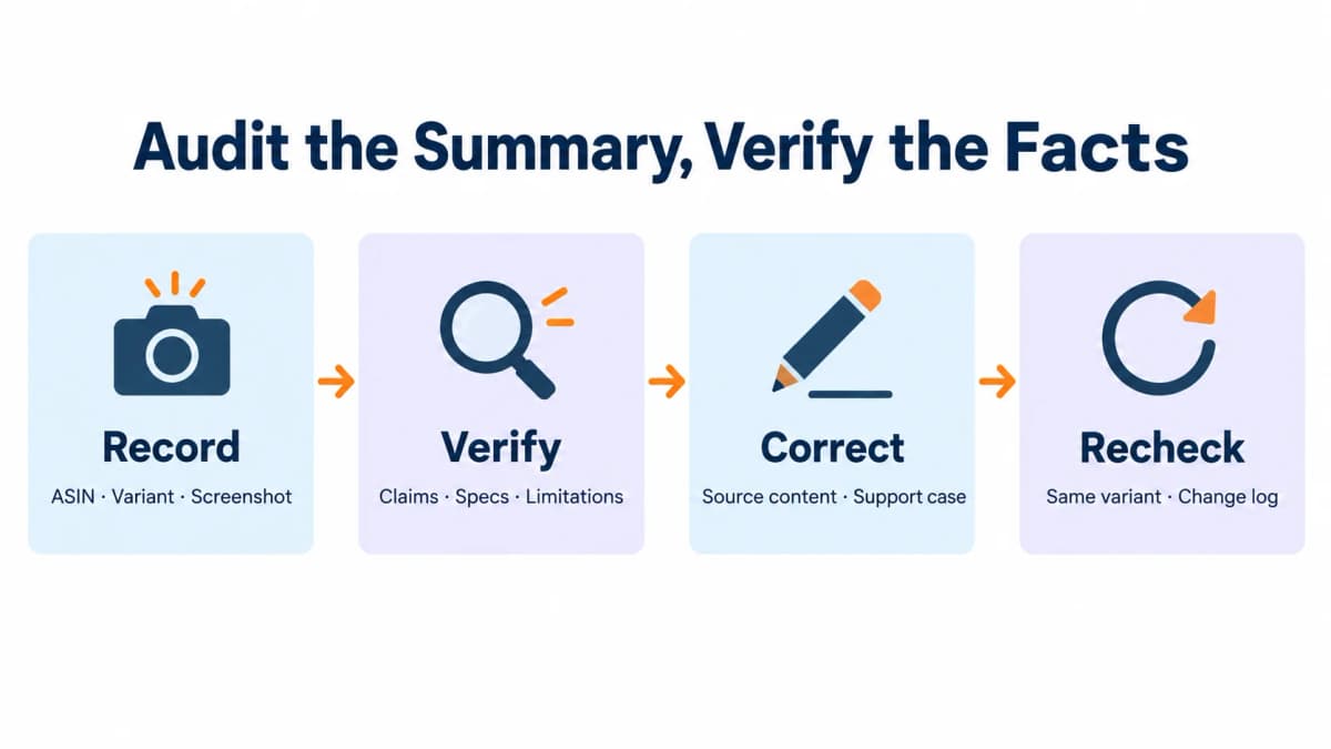 Four-stage audit workflow showing Record, Verify, Correct, and Recheck with supporting evidence