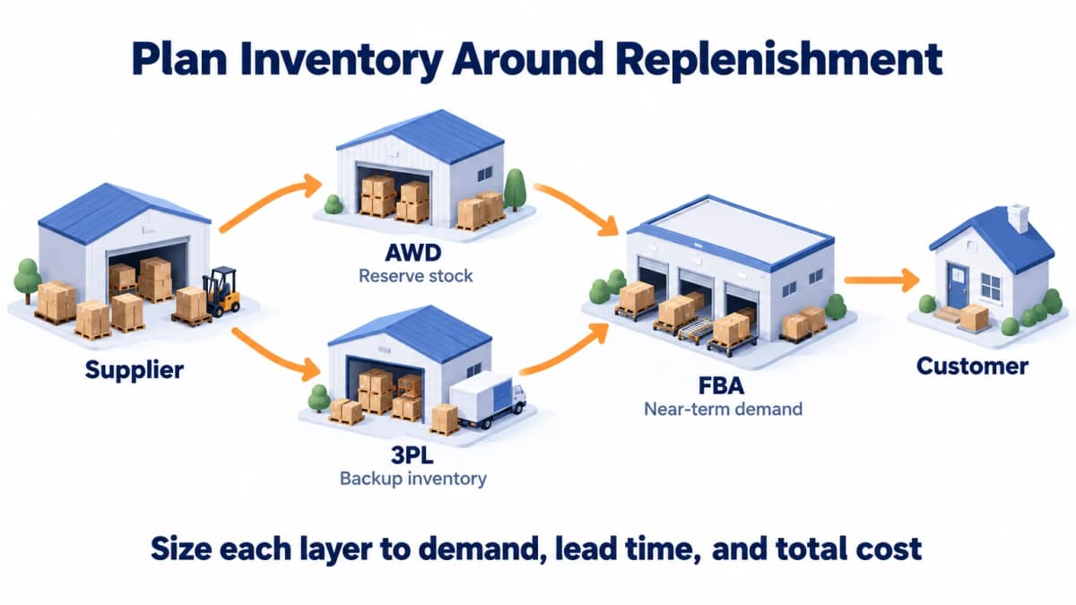 Inventory replenishment workflow connecting supplier stock, AWD and third-party reserves, FBA, and customer delivery.