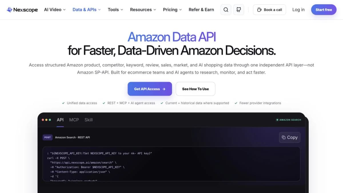 Nexscope’s Amazon Data API page showing structured data coverage and a REST API request example.