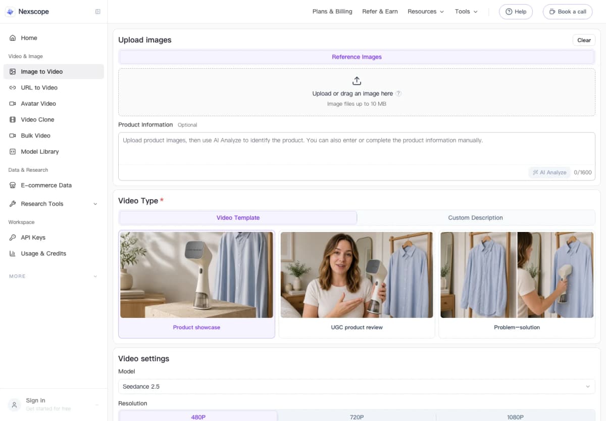 Nexscope AI video ad generator showing product image inputs and ecommerce video templates