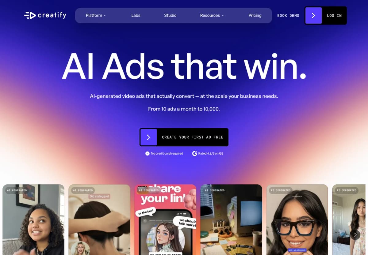 Creatify AI video ad generator official page introducing its advertising creation platform