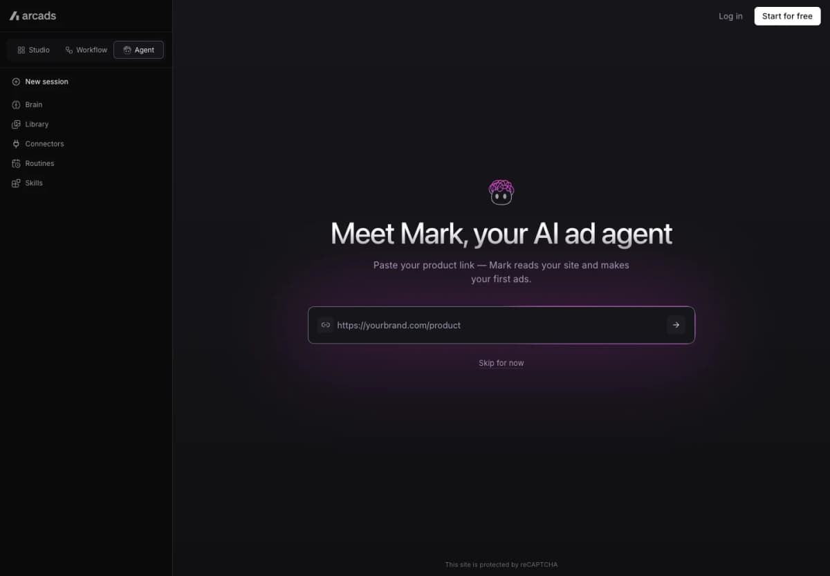 Arcads official AI video ad creation entry page with a product link input
