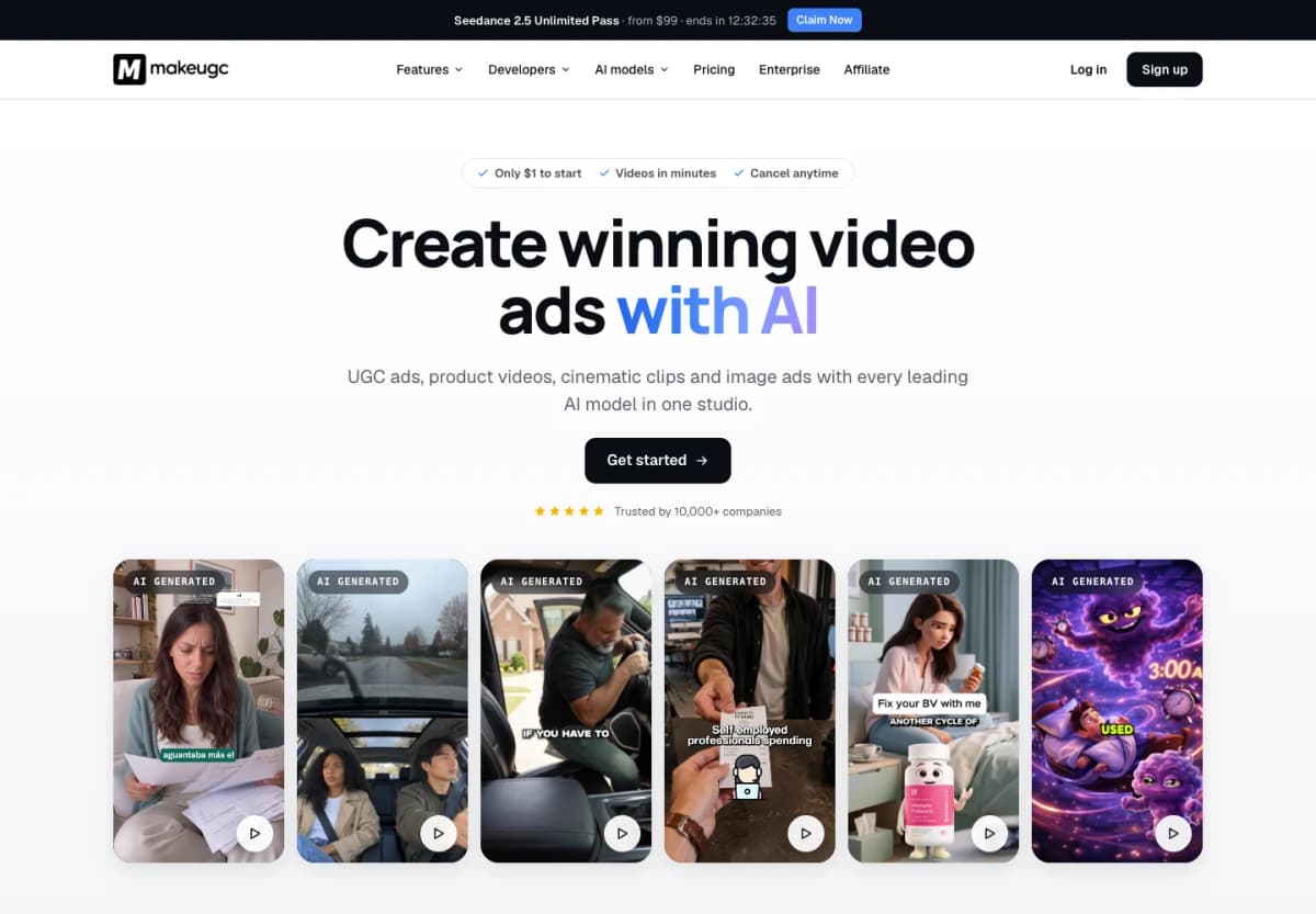 MakeUGC official platform showing AI actors and product presentation video ad workflows