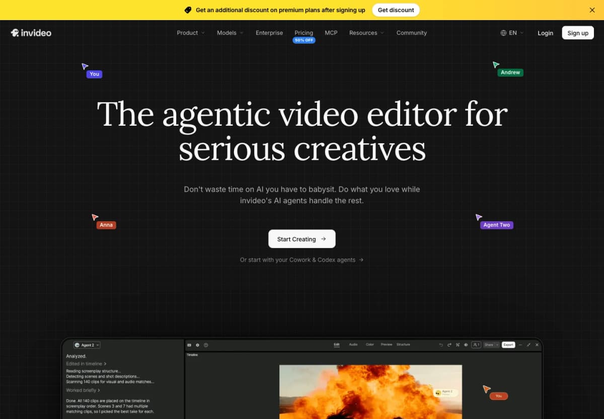 Invideo video editor official page showing its upload, edit, review, and export workflow