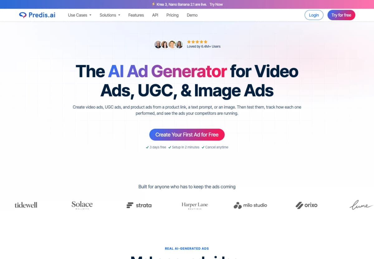 Predis.ai official page showing AI ads, social video creation, and content workflow tools