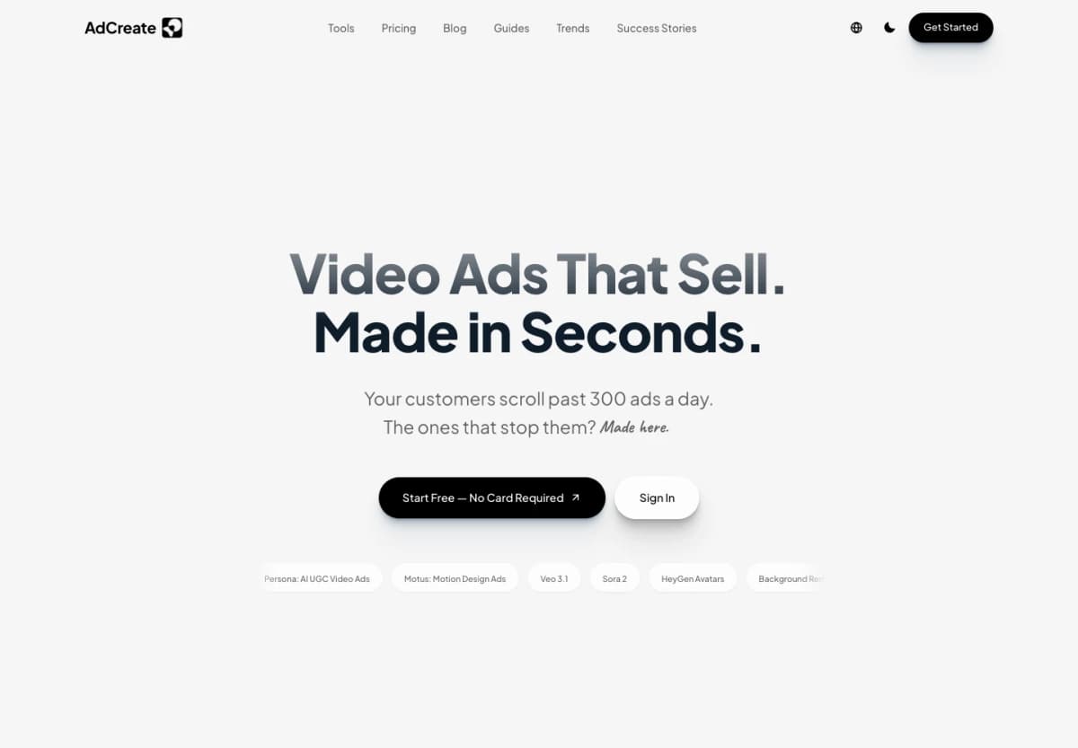 AdCreate official page presenting UGC video ads, motion design, and generative creative tools