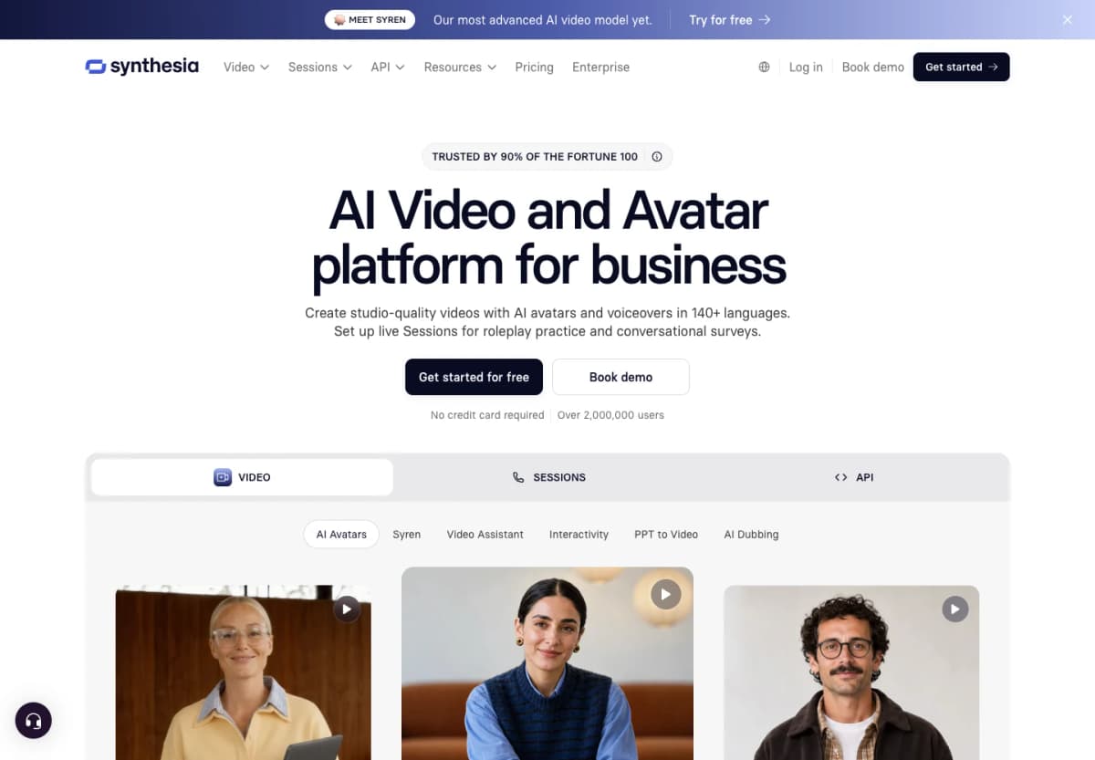 Synthesia business video platform showing avatar and structured video creation capabilities
