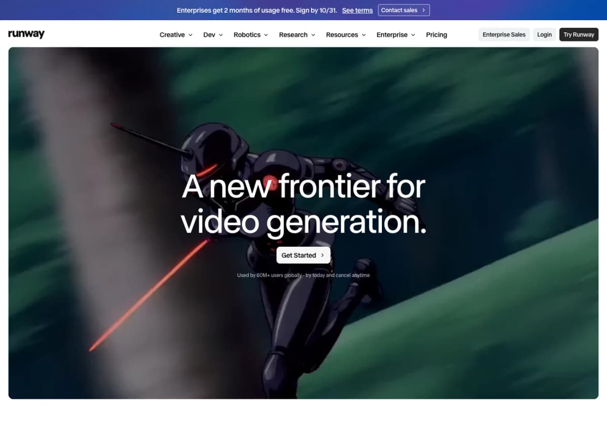 Runway creative product page showing AI video generation and editing tools for custom footage