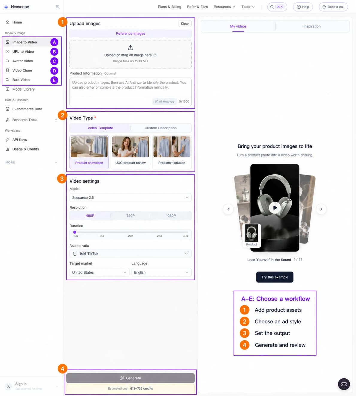 Nexscope video ad workspace with five generators and four creation steps marked