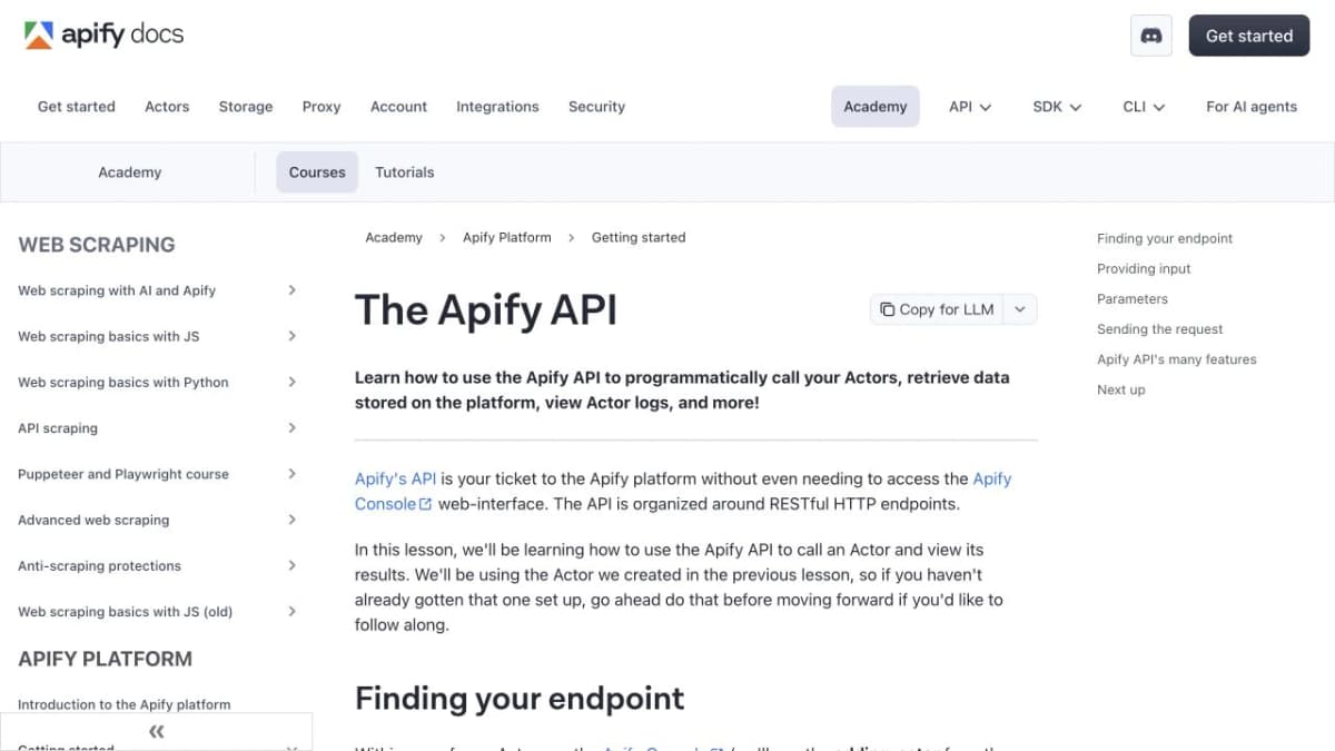 Apify API integration documentation, captured from its official website.