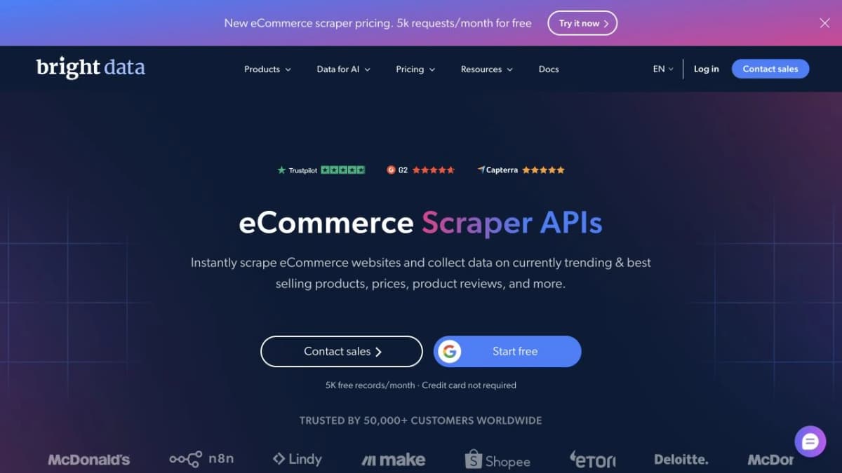 Bright Data eCommerce Scraper APIs page, captured from its official website.