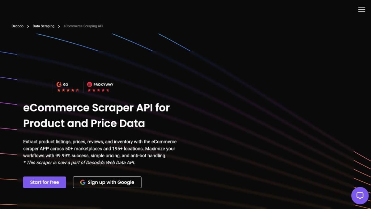 Decodo eCommerce Scraper API page, captured from its official website.