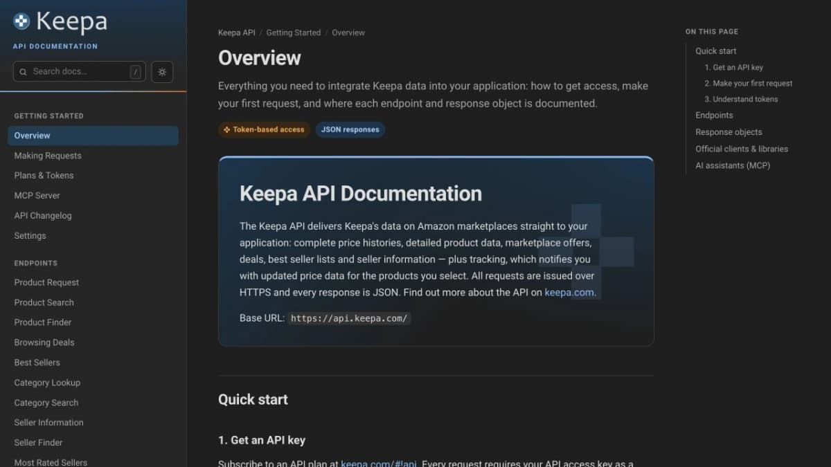 Keepa API documentation overview, captured from its official website.