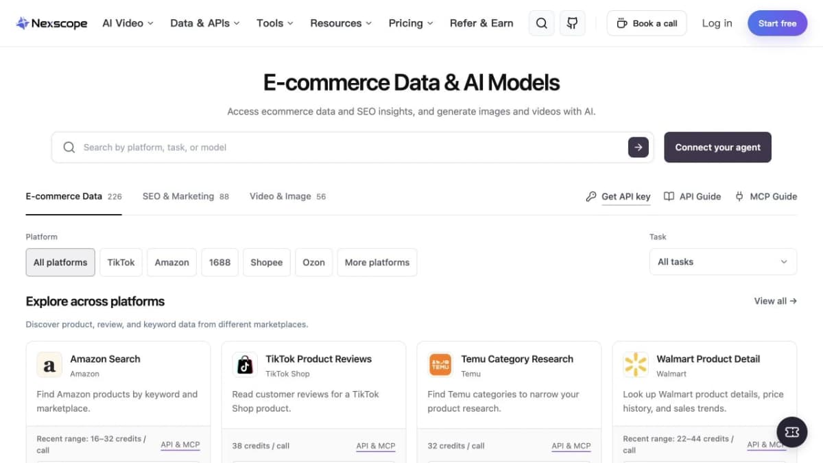 Nexscope API documentation catalog showing marketplace filters and ecommerce data interfaces.