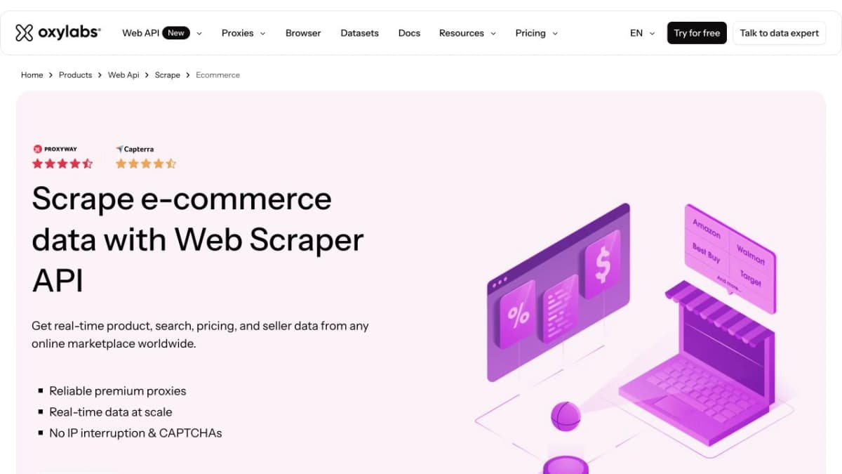 Oxylabs ecommerce Web Scraper API page, captured from its official website.