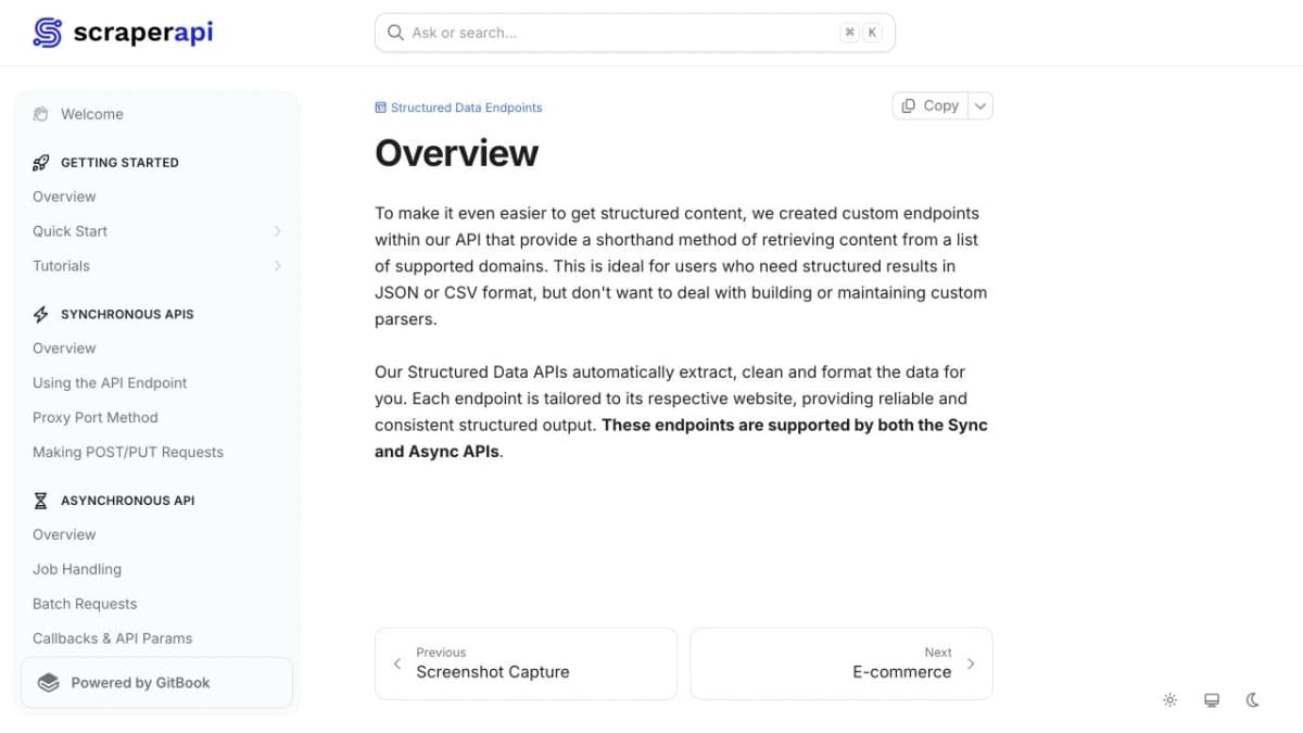 ScraperAPI Structured Data Endpoints documentation, captured from its official website.